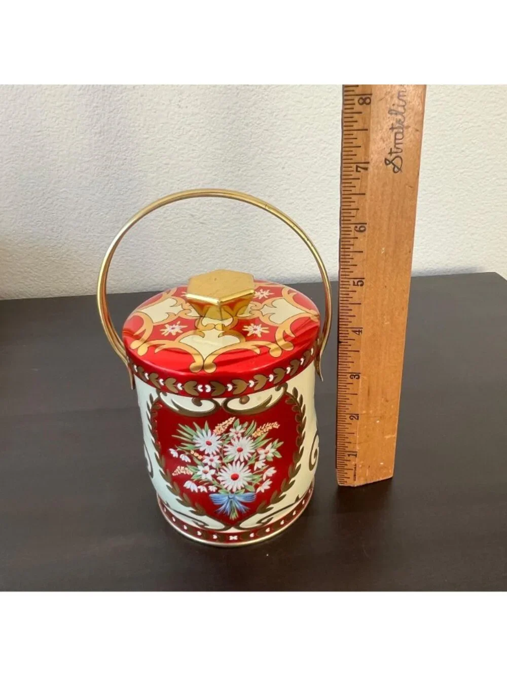 Vintage Murray Allen Handled Metal Candy Tin // Round Floral Lidded Canister // - Picture 8 of 8
